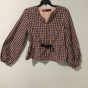 Zara Gingham Blouse with Waist-Cinching Buckle